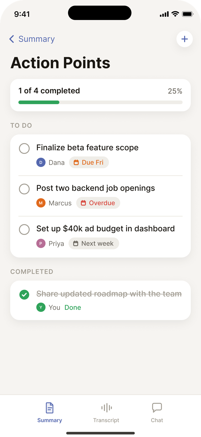 Venus app, action points