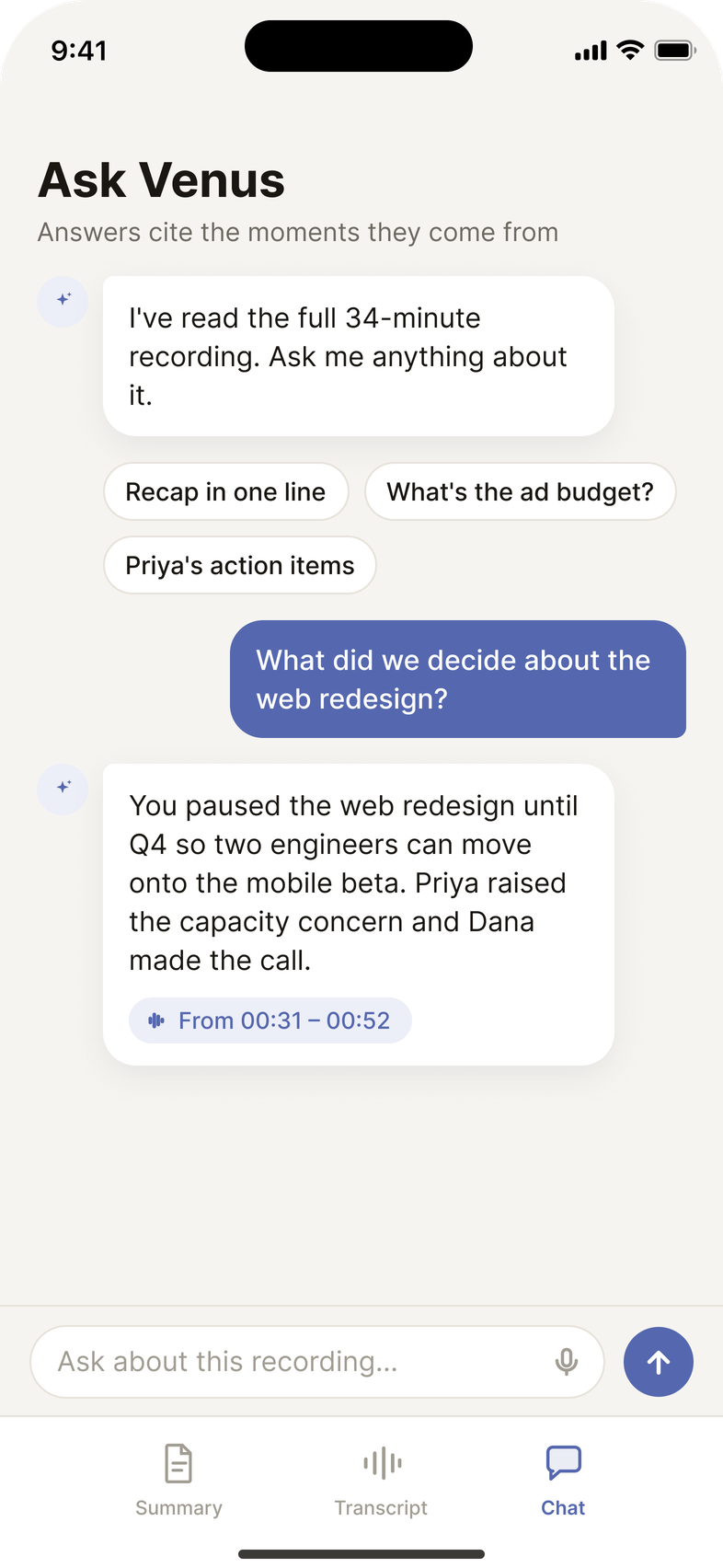 Venus app, ask your memory chat