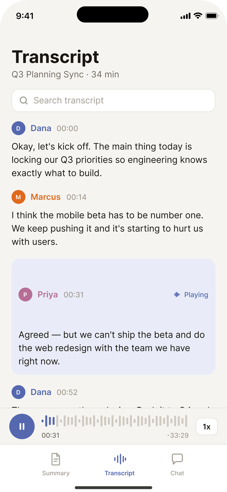 Venus app, live transcript